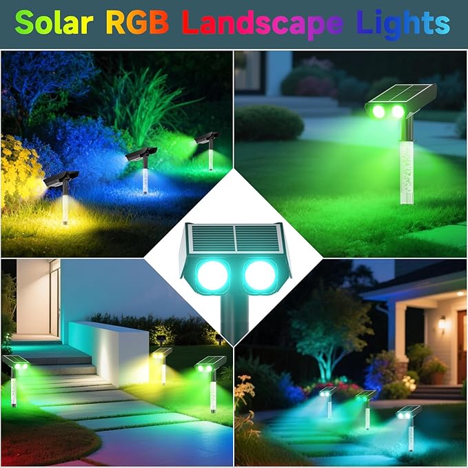 RGB Solar Spot Lights : 2 IN 1 Solar Lights Outdoor with 8 Lighting Modes &amp PC Light Guide Column for Tree Garden Yard Pathway | RGB Color Changing Landscape Lights | IP65 Waterproof | 4 Pack