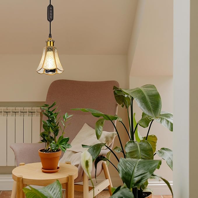 Adjustable Height J-Type Track Light Pendants 24 H Timer 4500K 10W LED Full Spectrum Clear Embossed Glass Copper Line Cover AUTO Plant Growing Lamp for Kitchen Island Green House