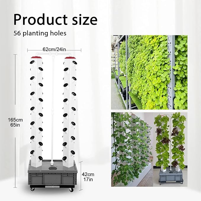 Hydroponics Tower Growing System Kit with 56 Planting Holes and 4 Wheels Aeroponic Tower Vertical Hydroponic Garden Tower for Gardening Lover Grey
