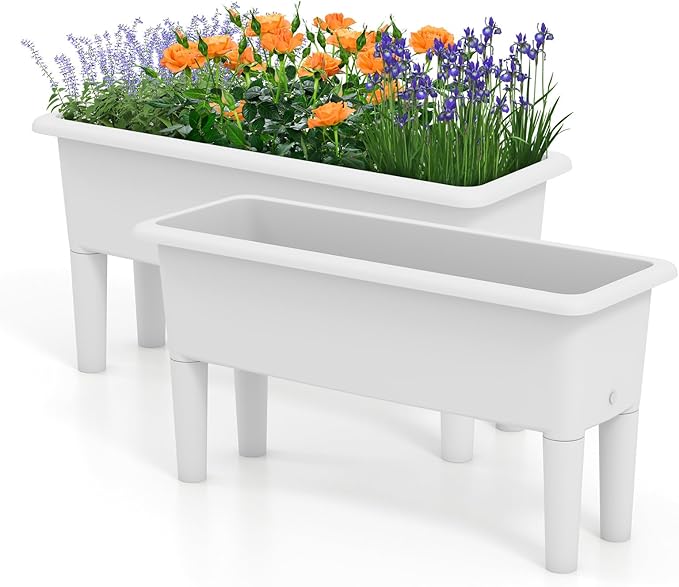 Raised Garden Bed Set of 2 31.5 x 12 x 16 Self-Watering Planter Box w/Removable Legs &amp Drainage Holes Plastic Rectangular Garden Bed for Flowers Herbs Backyard Patio Balcony (White)