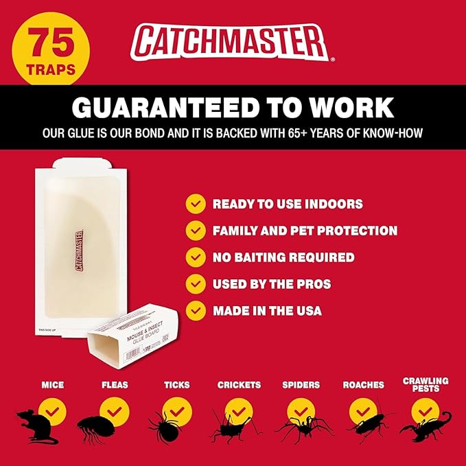 Catchmaster Compact Sticky Insect &amp Mouse Traps 75-Count 3.5x7 Glue Boards for Mice &amp Insects Ultra Sticky Mouse Traps Indoor for Home Use in Garages Basements &amp Attics Capture in Ti