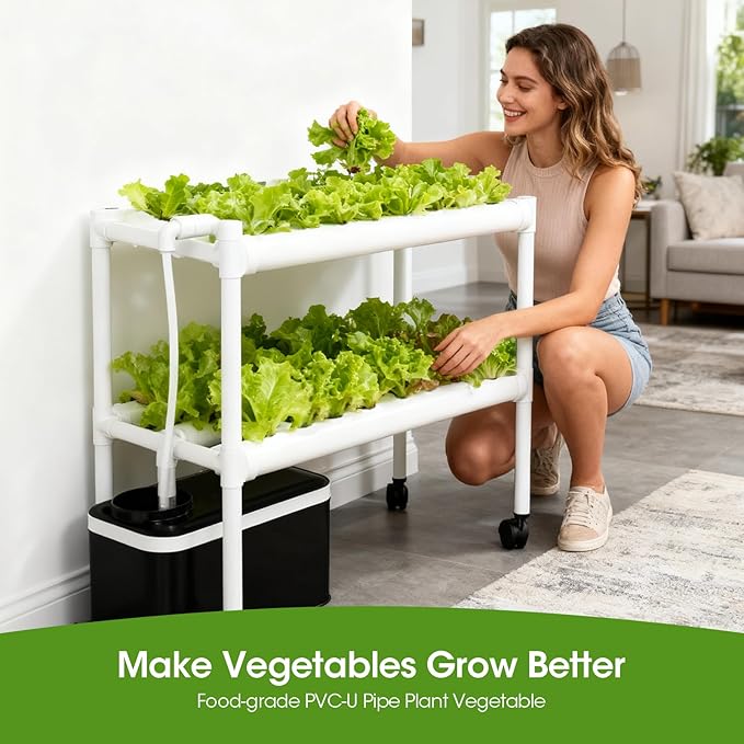 Hydroponics Growing System Kit with Wheels 54 Plant Sites Gardening Aquaponics Tower 2-Tier Food-Grade PVC-U Pipes Water Pump Timer for Leafy Vegetables Indoor Outdoor (33x35x14 in 54 Holes)