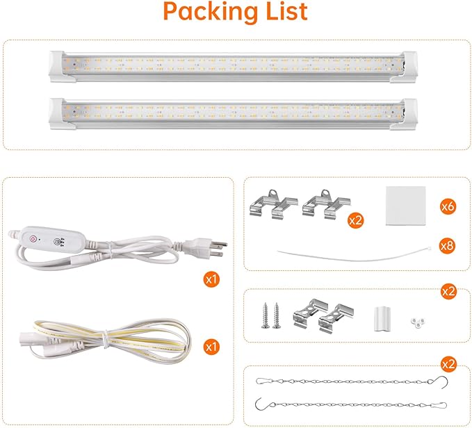 Bstrip T8 Grow Light 1.4FT 36W (2 x 18W) Plant Lights for Indoor Growing with Timer Full Spectrum with 660nm Red LEDs 3467K Ideal for Indoor Plants Greenhouse Seeding Linkable Design 2-Pack