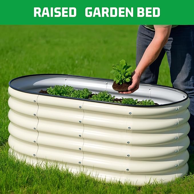 SnugNiture 4x2x1.5ft Raised Garden Bed Outdoor 17 Tall Galvanized Metal Planter Box Oval Raised Garden Bed Kit for Planting Vegetables Plants Fruits Beige White