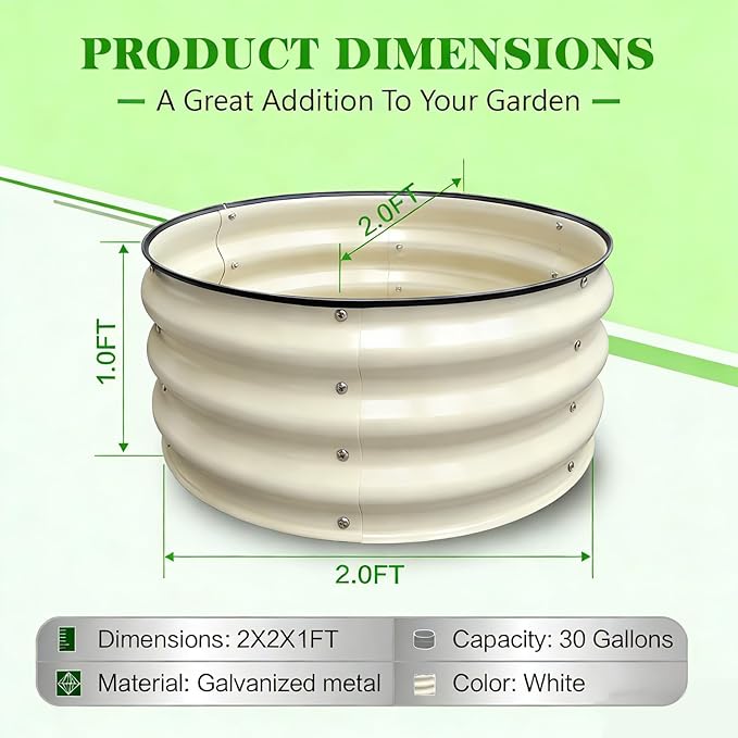 GrowHaus 2x2x1FT Galvanized Raised Garden Bed Planter Boxes Outdoor Round Metal Garden Beds for Planting Vegetables Flowers Herbs White