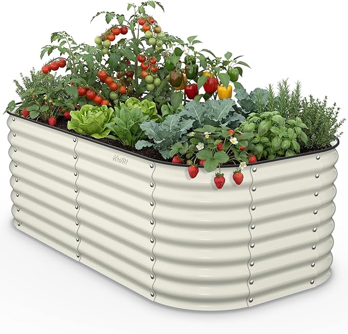 Kesfitt Raised Garden Bed Outdoor Galvanized Steel Metal Raised Bed Planter for Vegetables 24-Inch Deep Open Bottom Backyard Garden Bed 6x3x2 ft Pearl White