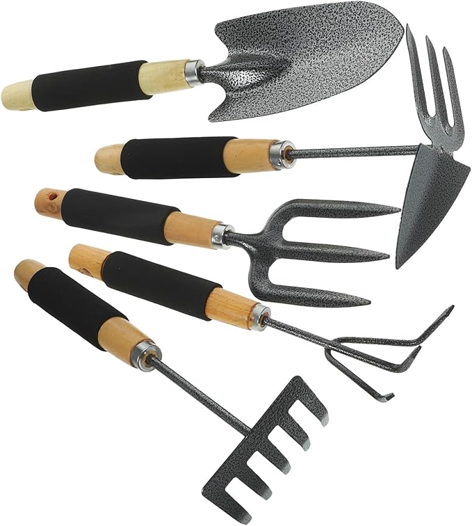 VALICLUD 5pcs Garden Tool Set with Shovel Rake Hoe Cultivator and Fork Wood Handles Portable Hand Tools for Planting and Gardening Tasks