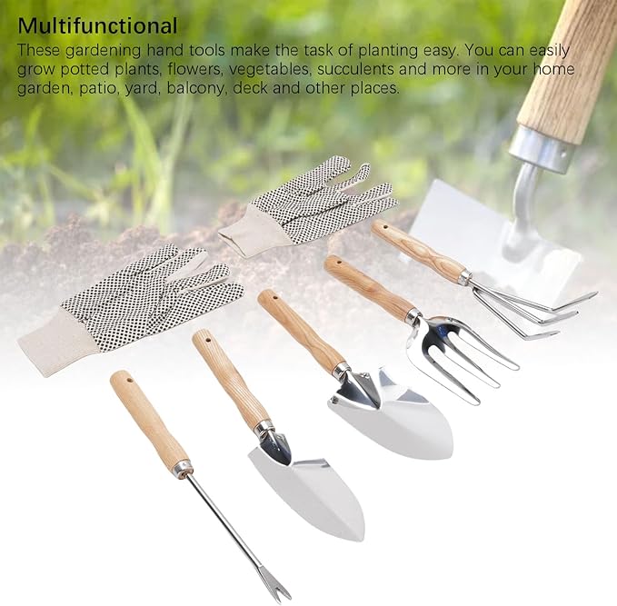 Garden Tool 5Pcs Gardening Hand Tools with Wooden Handle Canvas Gloves Stainless Steel Material Proof Garden Tool Set