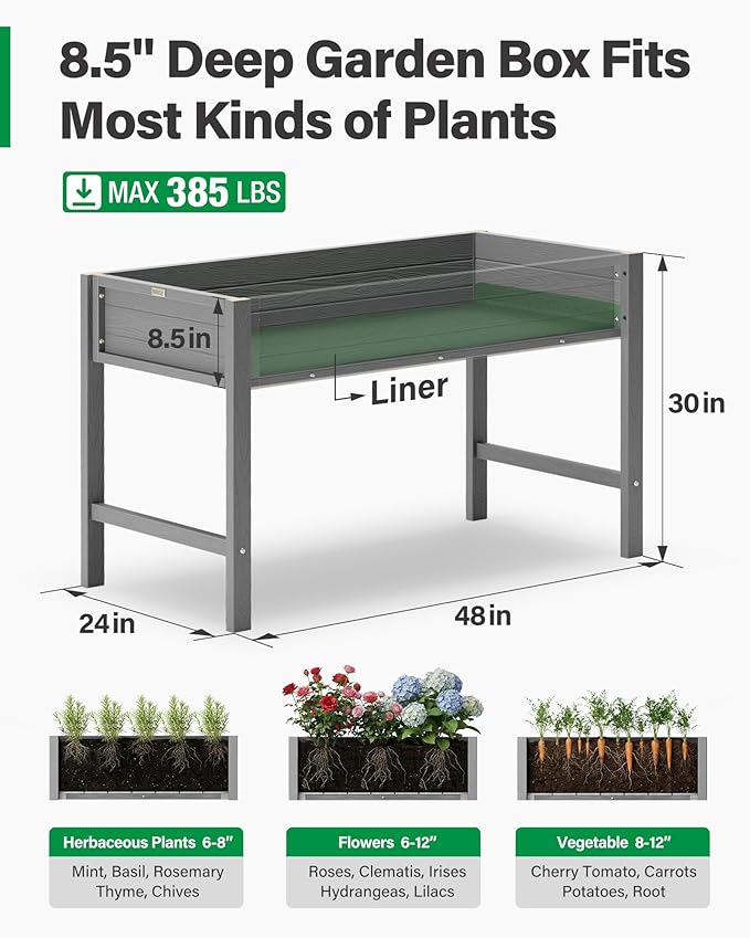 YEFU Standing Garden Bed No-Bending: 48x24x30 Inch Elevated Planter Box with Legs for Vegetables Herbs Flowers - Waist-High/UV-Resistant HIPS - 385lbs Capacity for Patio Balcony Use (Grey)