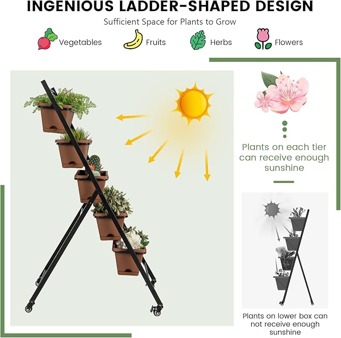 Giantex Vertical Raised Garden Bed on Wheels 5-Tier Elevated Planter Boxes Garden Beds with Drain Hole Freestanding 5 Containers for Herb Vegetables Flowers Growing Indoor Outdoor Patio Balcony