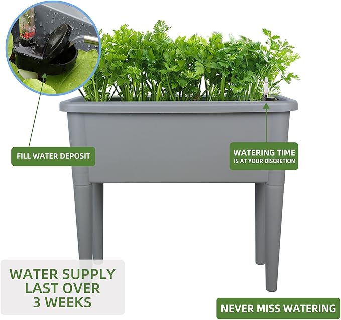 Dexceder 13.2 Gallon Self Watering Raised Garden Bed with Ventilation Transparent Lid Greenhouse Deepen Vegetable Flower Box Planter Pot with Removeble Legs &amp Water Level Indicator (Deep Gray)