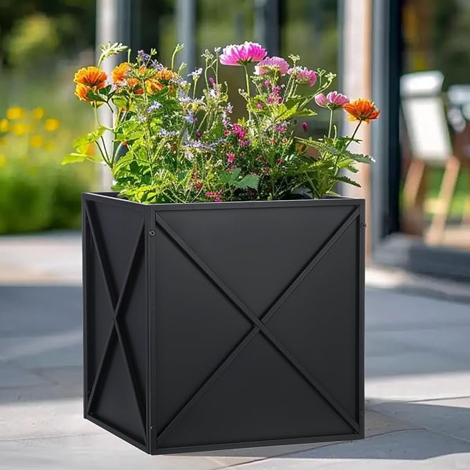 SUNNYPARK Large Metal Planter Box 17”x 17”x 18” Square Modern Black Metal Planter Box Heavy Duty with Drainage Holes for Outdoor Garden Patio