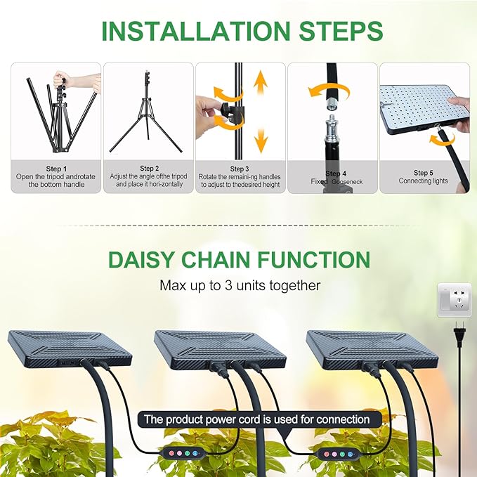 2026 Grow Light with Stand 4/8/12/16/20H Timer 25 Watt Power Draw NO Need Adapter Bright Enough for Indoor Tall Plants Bonsai Tree Daisy Chain Function 40-64 Height Adjustable
