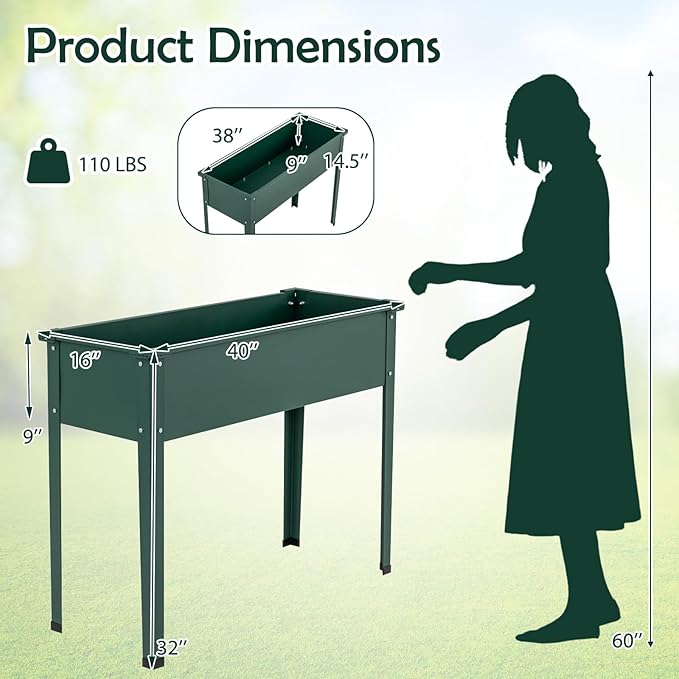 Giantex Metal Raised Garden Bed with Legs 40”x16”x32” Elevated Planter Box with Drainage Holes for Vegetable Fruit Flower Herb Outdoor Standing Gardening Box for Balcony Backyard Patio Porch Green