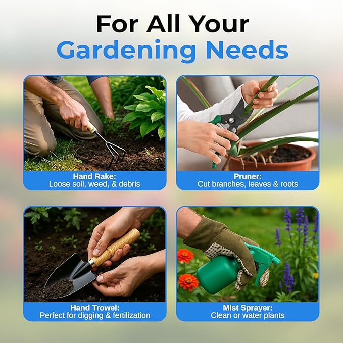 Scuddles 8-Piece Garden Tool Set with Bag Stainless Steel Tools Wooden Handles and Soft Poly-Cotton Gloves for Planting Pruning and Home Gardening