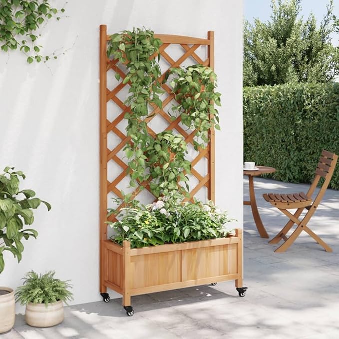 Raised Garden Bed Planter with Trellis and Wheels Brown Solid Fir Wood Outdoor Planter Box for Climbing Plants and Vegetables with Drainage and Ventilation