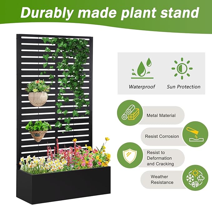 Metal Raised Garden Bed with TrellisPlanter Box for Climbing Plants Vegetables &amp Vines Features Drainage Holes and Privacy Screen.raised garden beds outdoor planters for porch (White 71x35x1