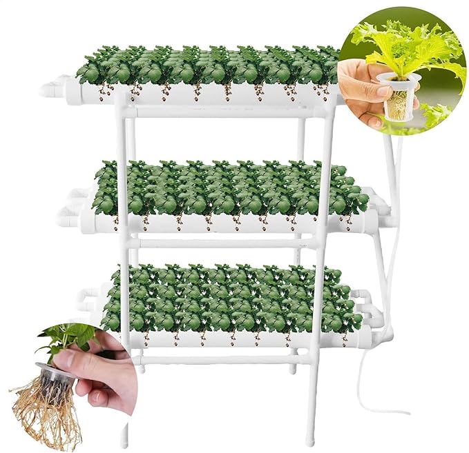 Indoor Hydroponic GardenVertical Hydroponic Rack - PVC Pipes Gardening System with Water Pump Timer Grow Kit for Leafy Vegetables