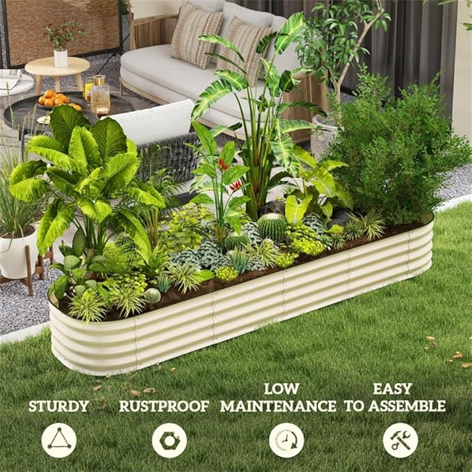 94.5 Inch Cream Galvanized Steel Raised Garden Bed Planter – Open Bottom Weed Resistant Outdoor Planter for Vegetables Herbs Flowers Easy to Assemble with Screws