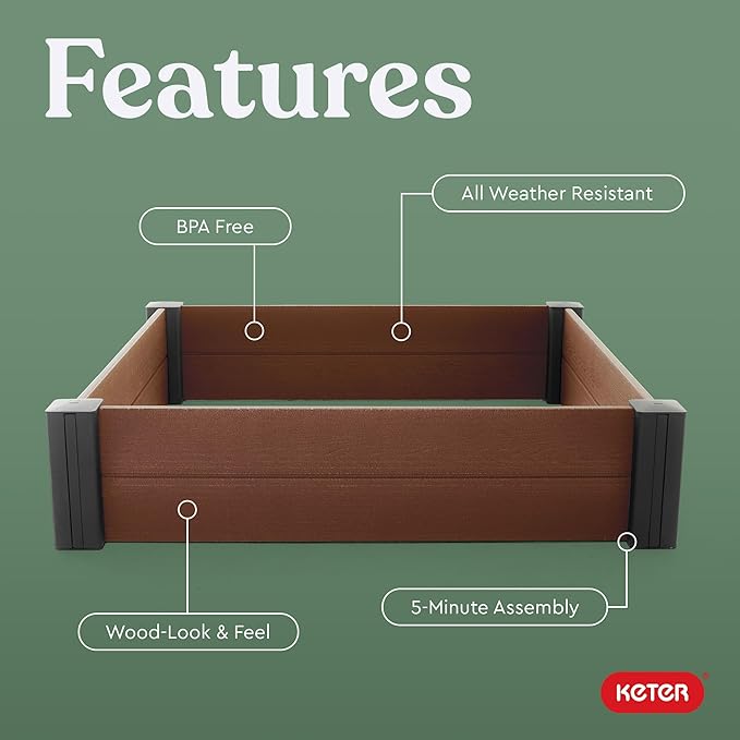 Keter 48 X 48 inches Wood Look Raised Garden Bed Durable Outdoor Herb Garden Planter for Vegetables Flowers and Succulents Brown