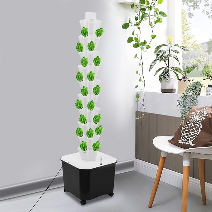 Hydroponic Growing System 50-Plant Vegetable Planter Tower with Wheels Outdoor Indoor Garden Vertical Planter Germination Kit with Water Pump Intelligent Water Circulation &amp Timer Function