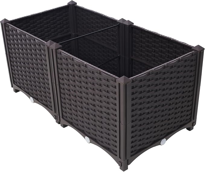 Donext Brown Modern Planter Box OutdoorsExtra Deep Raised Garden Bed Balcony Planters with Drainage Layer Outdoor Flower Vegetable Pot(31.5 L X 15.7 D X 14.7 H)