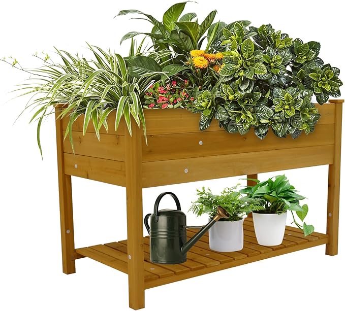 Raised Garden Bed Planter Box with Legs &amp Storage Shelf Wooden Elevated Vegetable Growing Bed for Flower/Herb/Backyard/Patio/Balcony 48.5x30x24.4in