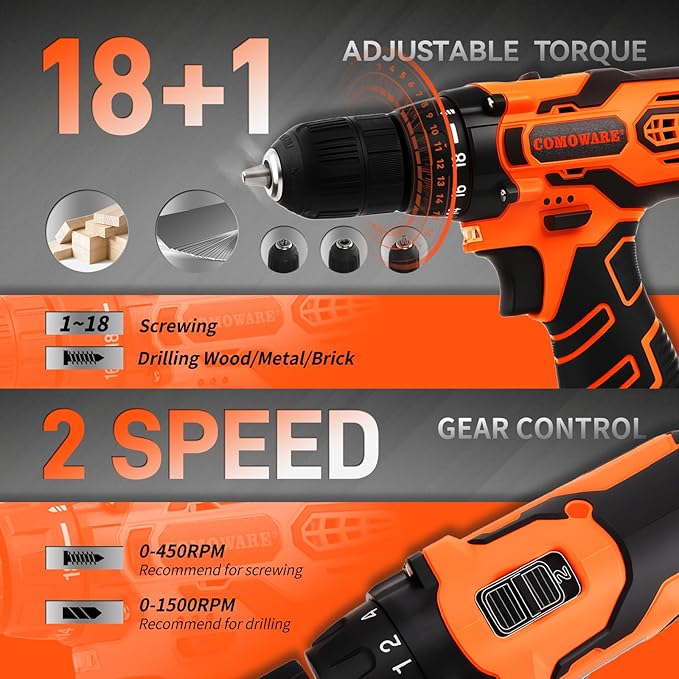 COMOWARE Household Tool Set with 12V Cordless Drill Driver Hand Tool Kit for Men Power Drill Set with Plastic Toolbox Ideal for Office Garden DIY Project Orange