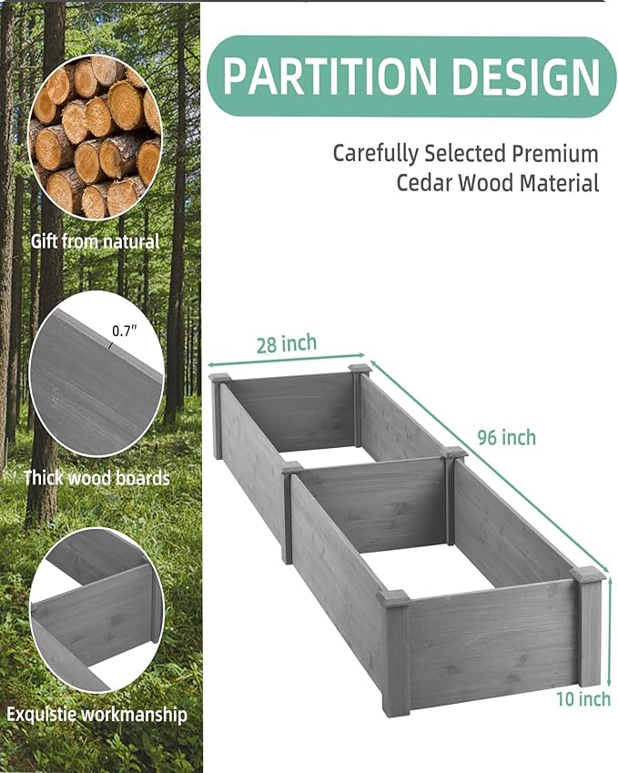 HACHIKITTY 8×2ft Wooden Horticulture Raised Garden Bed Divisible Elevated Planting Planter Box for Vegetables/Flowers/Herbs in Backyard/Patio Outdoor Natural Wood 96 x 28 x 10in