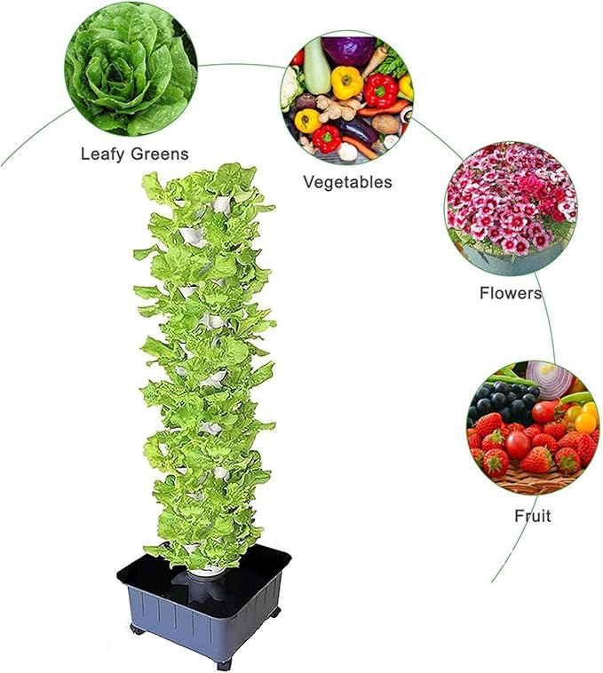 Hydroponics Tower Aquaponics Grow System Garden Tower Aeroponics Growing Kit for Herbs Fruits and Vegetables with Hydrating Pump Adapter Net Pots