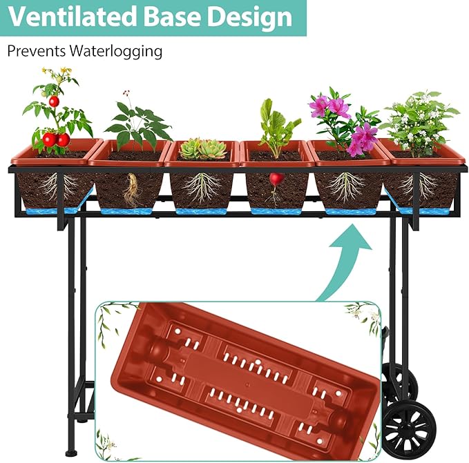 YBING Elevated Garden Bed with Wheels Outdoor 42x17x30in Elevated Raised Planter Box Stand 6 Pocket Herb Garden Planter with Storage Shelf for Balcony Patio Red