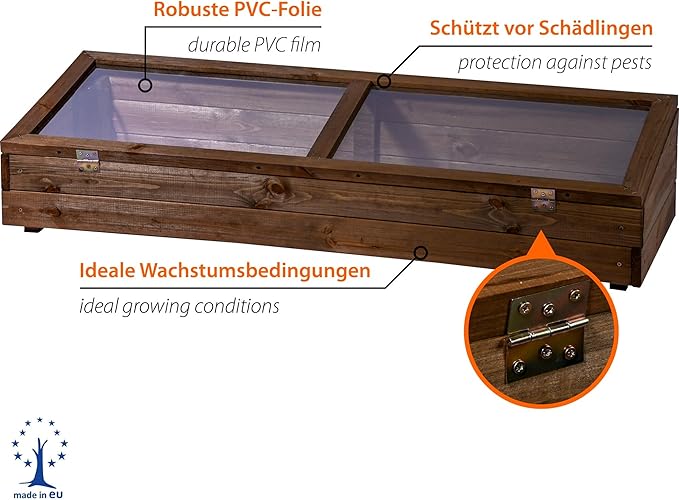 dobar® Wooden Cold Frame Attachment for Raised Beds - Cold Frame Box with Film - 117 x 40 x 26 cm - Dark Brown