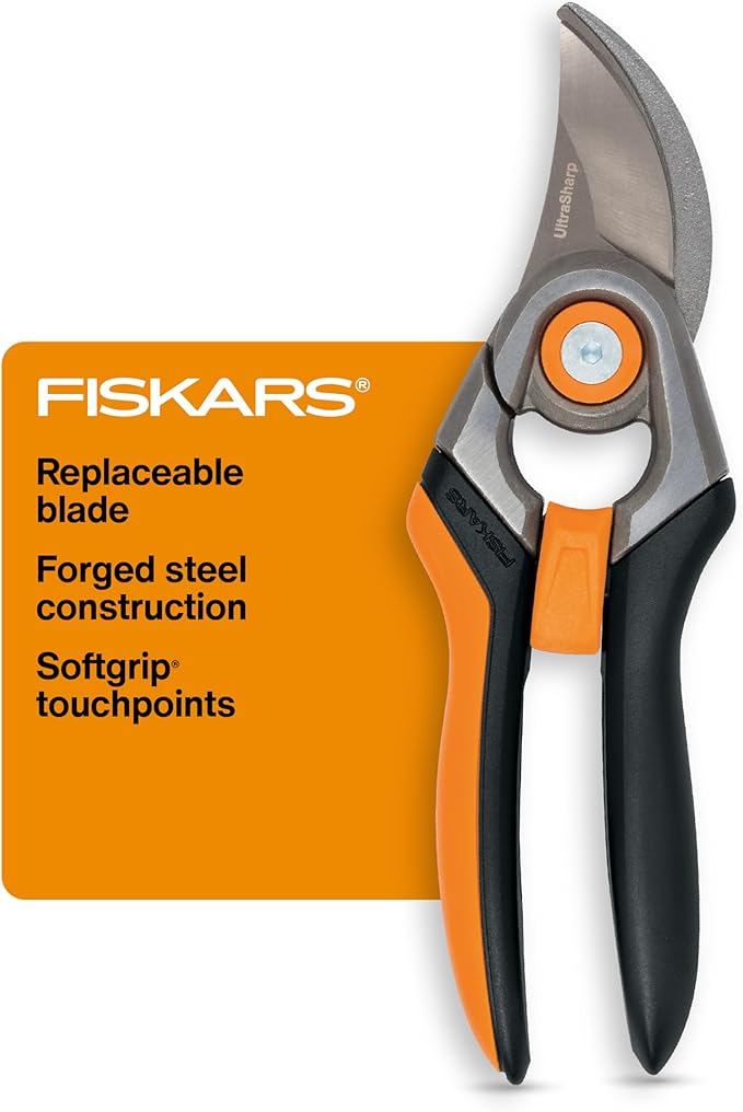 Fiskars Bypass Pruning Shears 1-Inch Cut Capacity Softgrip Pruner Forged Steel Replaceable Blade Stays Sharp Through Heavy Use with Rust Resistant Low-Friction Coating