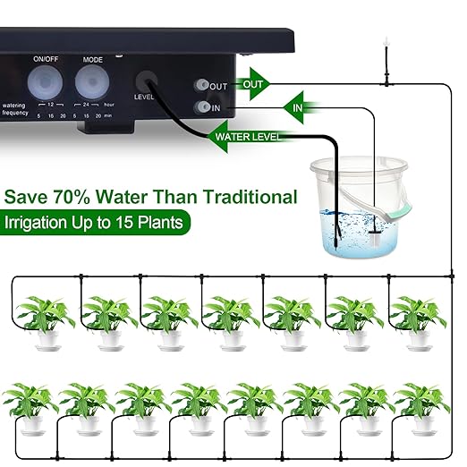 RISINGUP 49FT Solar Drip Irrigation System Auto Plant Watering Kit with Anti-Siphoning Device 750ml/min Flow with 2200mAh Battery for 15 Potted Plants Outdoor Garden Patio Balcony Greenhouse