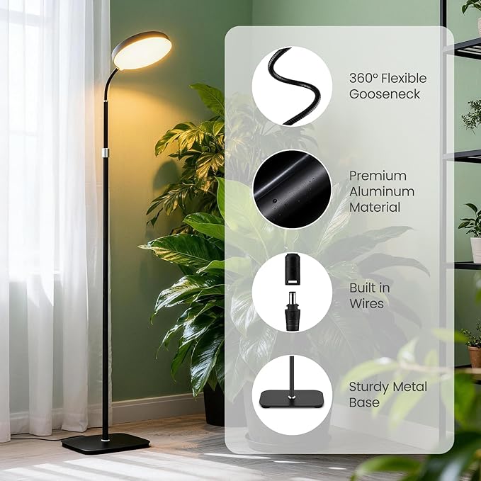 20W Full Spectrum Grow Light for Indoor Plants 63in Adjustable Floor Lamp with Gooseneck 4000K Natural Sunlike Light 3/9/12H Auto On/Off Timer 10-Level Dimmable for Tall Small Plants