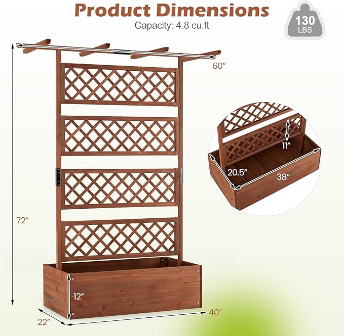 Giantex Raised Garden Bed with Trellis 72'' Wooden Planter Box Outdoor w/Privacy Screen Roof Large Vertical Garden Planter w/Drainage Holes for Climbing Plants Patio Balcony Backyard