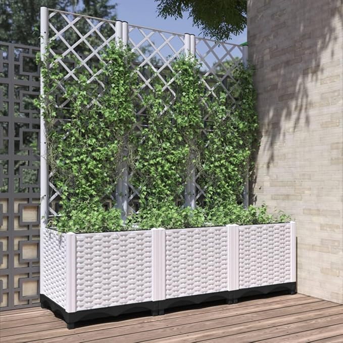 Garden Planter White Polypropylene 47.2 x 15.7 x 53.5 in Raised Garden Bed with Trellis for Outdoor Plants Rectangular