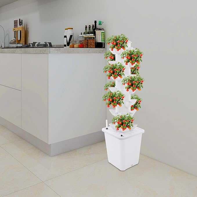 LYNICESHOP 7-Tier Vertical Hydroponic Growing Tower 35 Holes Indoor Gardening System w/Brushless Pump &amp Automatic Water Circulation for Vegetables Herbs Fruits in Home Kitchen Balcony (White)