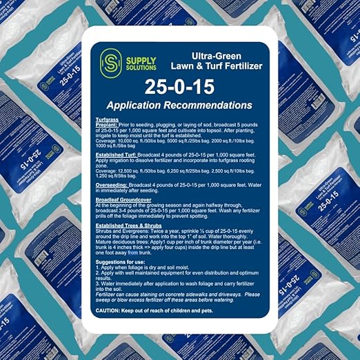 Supply Solutions 25-0-15 Ultra Green Lawn and Turf Fertilizer - 16% Slow Release Nitrogen - Promotes Lush Green Lawns and Strong Root Growth Reduces Mowing Frequency (50 Pounds)
