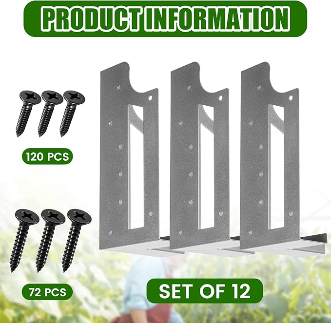 12 Pack Raised Garden Bed Corner Brackets with Securing Lip Fits Lumber up to 2 x 12 Metal Garden Corner Bracket for Wood Frame Bed 4.7 L x 2 W x 10.5 H (Sliver)
