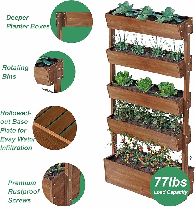 Vertical Raised Garden Bed5 Tier Wooden Garden PlantersAdjustable Freestanding Plant Stand Flower RankWooden Planters for Outdoor Indoor Balcony GardenHerb Vegetables Flowers33x17x66Brown