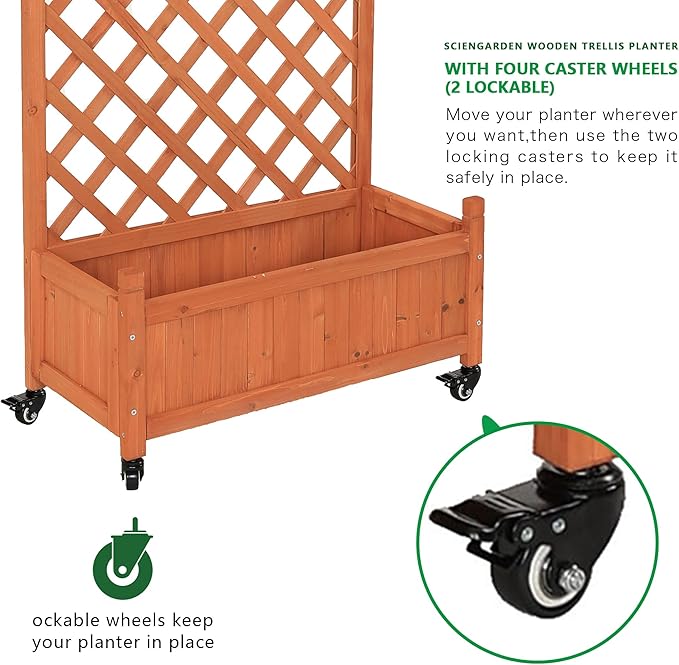 2 Pcs Wooden Planter Boxes with Trellis: Four Universal Wheels for Easy Mobility 37.6 H x 27.5 W x 13 DPerfect for Outdoor Climbing Plants on Patios Balconies &amp Gardens