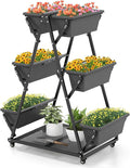 HAPPYGRILL Raised Garden Bed Vertical Garden Planter with Lockable Wheels Drainage Holes 3-Tier Elevated Planter Box for Deck Patio Balcony Perfect for Vegetables Flowers Herbs Tools