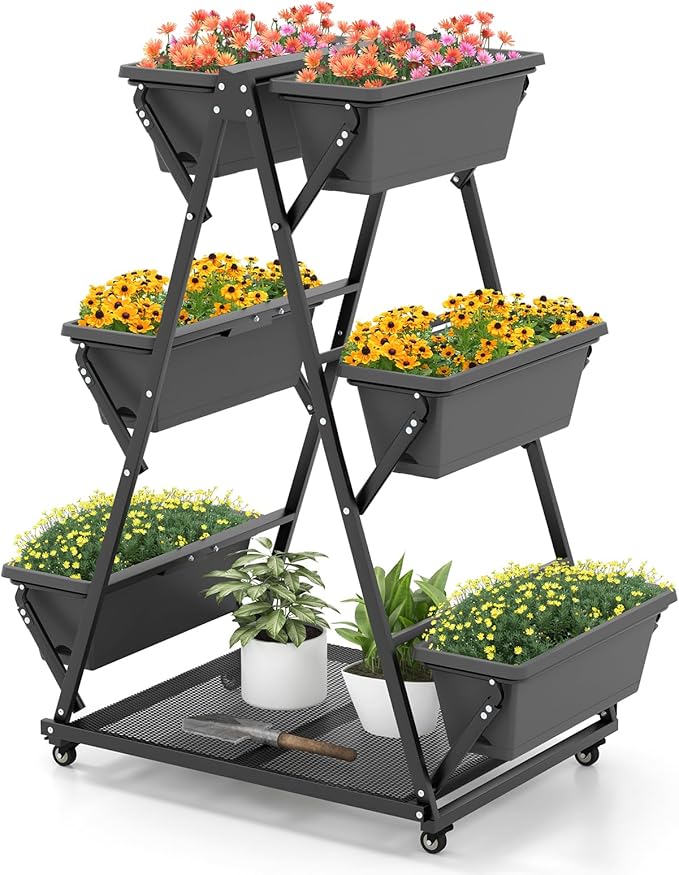 HAPPYGRILL Raised Garden Bed Vertical Garden Planter with Lockable Wheels Drainage Holes 3-Tier Elevated Planter Box for Deck Patio Balcony Perfect for Vegetables Flowers Herbs Tools