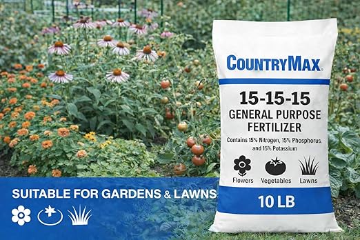 CountryMax 15-15-15 All Purpose Fertilizer 10 lb Bag Balanced Nutrition for Flowers &amp Vegetable Beds Raised Gardens Lawns &amp Grass Supports Soil Health and Consistent Growth