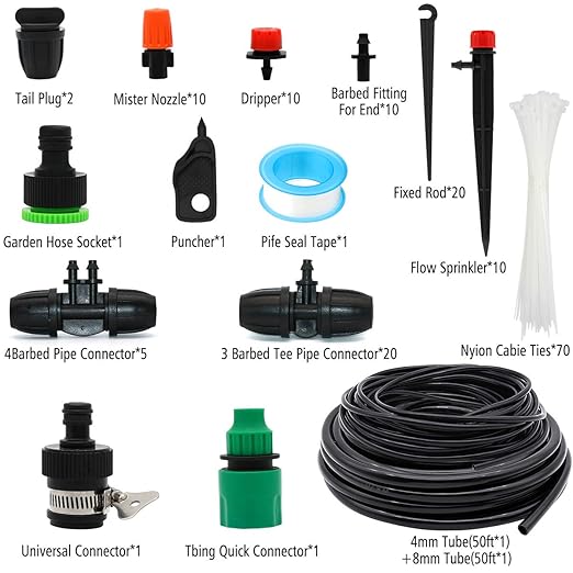 Drip Irrigation Kits 100ft/30M Garden Plant Watering Sprinkler System with Distribution Tubing Hose Adjustable Nozzles Automatic Mist Cooling Irrigation Set for Garden Lawn Patio