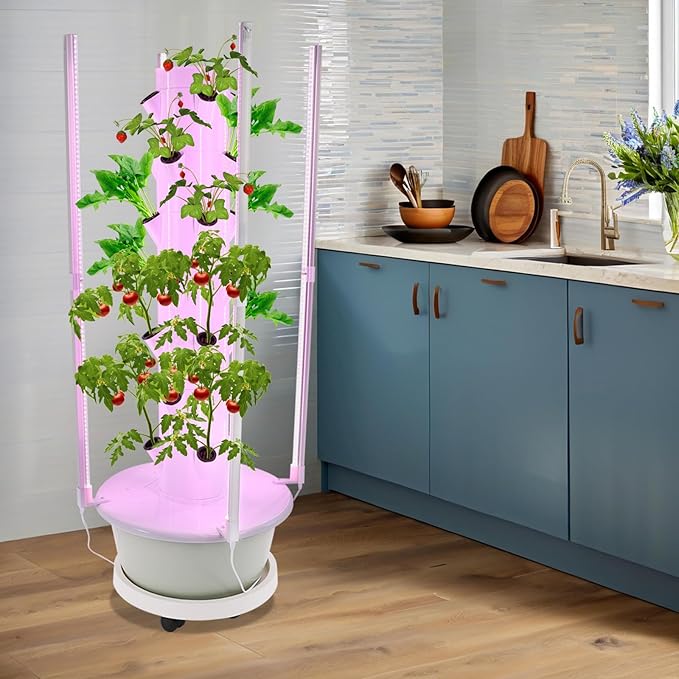 28-Plant Hydroponic Growing Tower – Indoor Vertical Garden Kit with LED Grow Lights 7.92 Gal Water Tank 6-Preset Timer &amp Wheels (20.86 x 53.54 in) for Herbs/Veggies/Flowers (Light Green Tank)