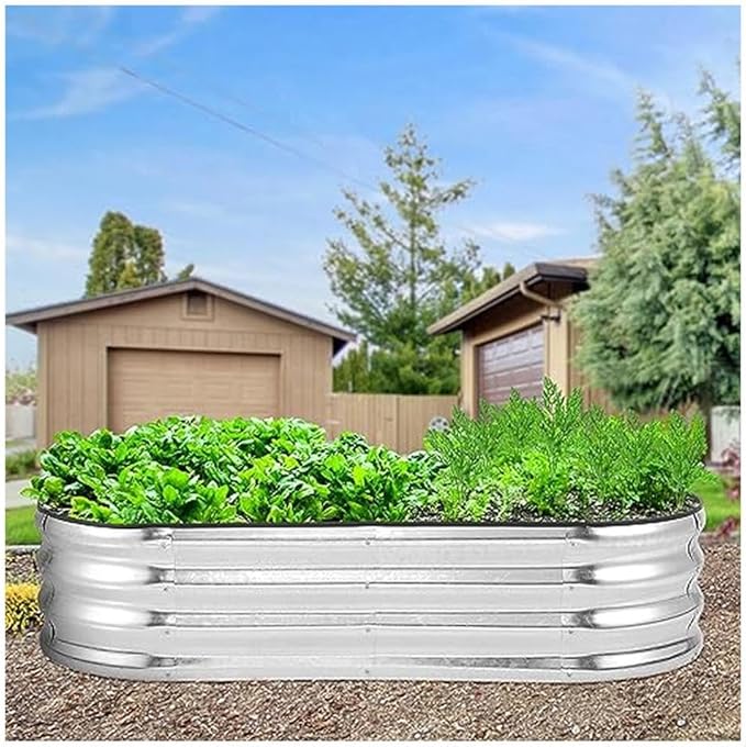 4.5×2×1ft 2pcs Oval Silver Galvanized Raised Garden Bed with Open Bottom Design Rust-Resistant Metal Planter Box for Vegetables Flowers &amp Herbs - 0.5mm Thickness with Rubber