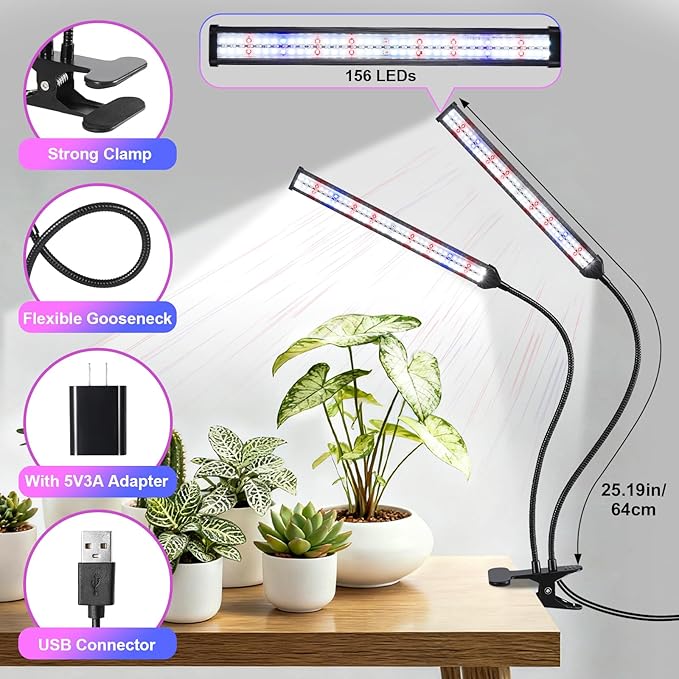 Indoor Clip-on Plant Growth Light Full Spectrum Grow Light with 156 LEDs Flexible Gooseneck and 4/8/12H Timer 3 Spectral Modes 10 Levels of Dimming Suitable for Seedlings and Succulent Seeds