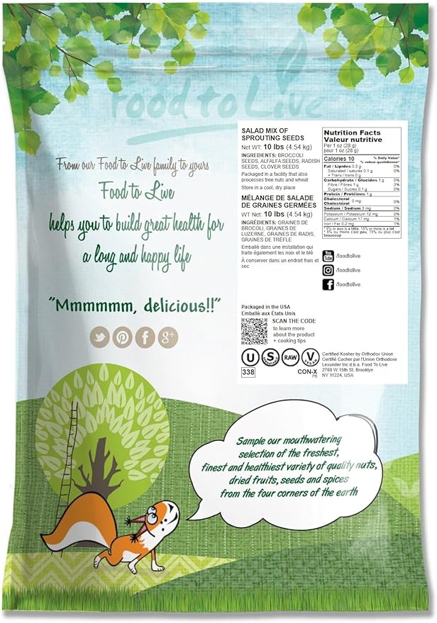 Food to Live Salad Mix of Sprouting Seeds 10 Pounds – Broccoli Clover Radish Alfalfa Kosher Raw Vegan
